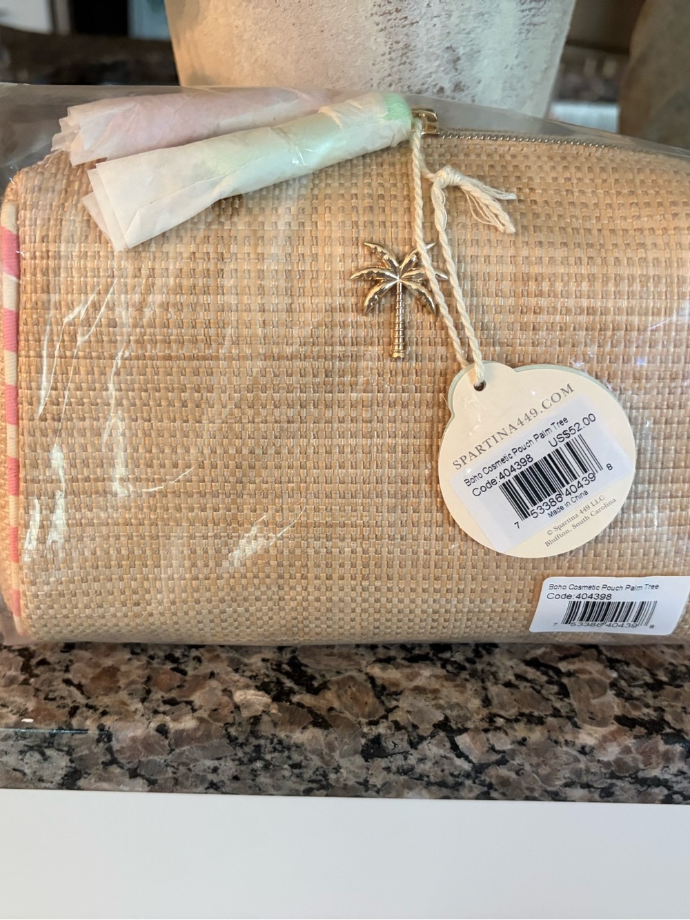 Spartina 449 Natural Straw Cosmetic Pouch with Pink Trim